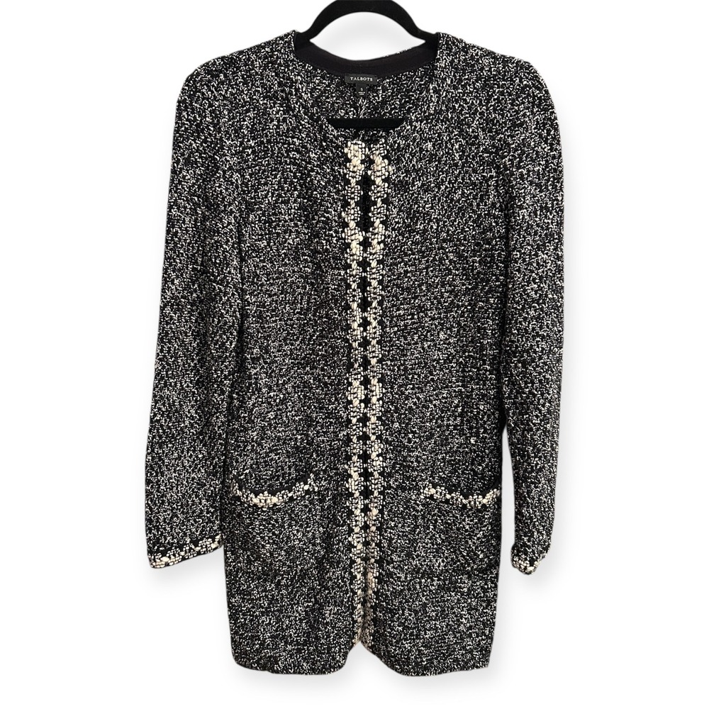 Talbots Black White Tweed Collarless Long Cardigan Sweater Jacket Women's Small - Picture 2 of 9